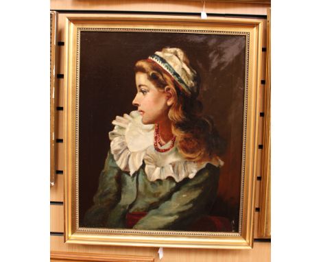 19th Century School, half length portrait of a young girl in profile, oils on canvas, unsigned, framed, 60cm by 50cm