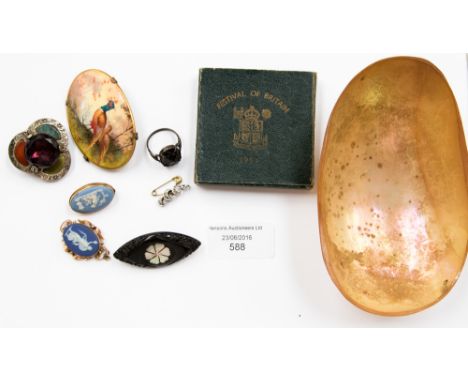 A Whitby jet and mother-of-pearl Victorian brooch, a hand painted porcelain brooch in the style of Royal Worcester, two Jaspe