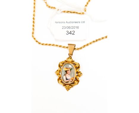 A modern 9 ct gold twist neck chain, with  early 19th Century painted enamel pendant, yellow metal, converted from brooch, ap