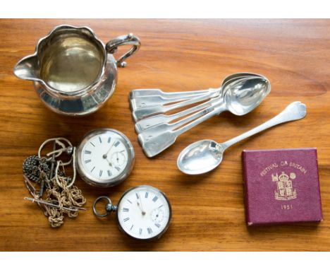A hallmarked silver jug, London 1843, 9ct rope twist necklace, two yellow metal tie pins, two silver pocket watches, a collec