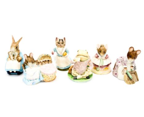 A collection of six Beswick Beatrix Potter figures including 'Jeremy Fisher', 'The Old Woman Who Lived in a Shoe', Mrs Rabbit