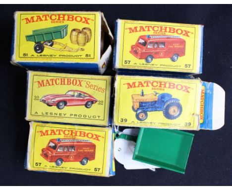 Matchbox: a Matchbox Series Lesney No.51 Tipping Trailer(missing plastic barrels), a No.39 Ford Tractor (missing back tyres),