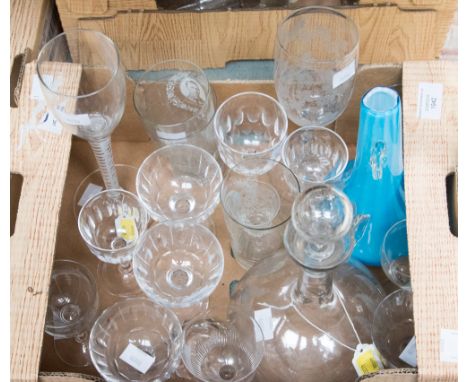 A box of 19th Century and later glassware, comprising shaft and globe decanter, port glasses, a wine glass with an air twist 