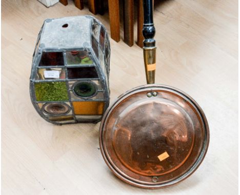 A leaded glass hanging lantern shade and a copper warming pan (2)