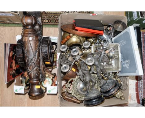 A box of assorted metal wares including copper kettle, brass trivet, etc and a box of treen, quartz mantel clock etc (2 boxes