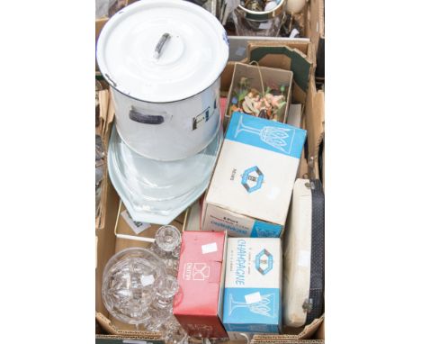 An enamel bread bin, a Pyrex casserole and stand, dressing table set boxed glassware etc