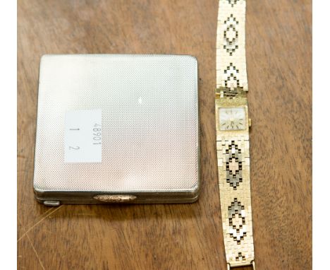 A ladies's gold cased wristwatch with square dial, baton numerals and strap in three coloured gold geometric pattern links, s