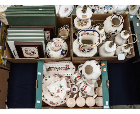 Two boxes of Masons 'Mandalay' Ironstone lamp bases, vases etc, with one box of Masons 'Christmas Village' part dinner wares 