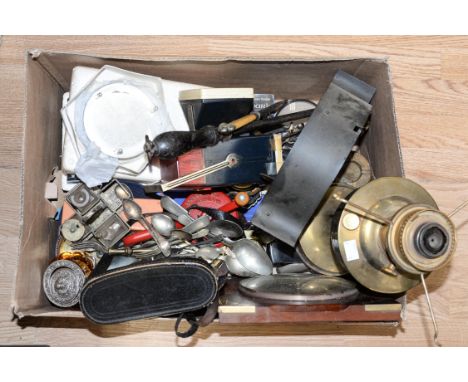 A box of metalwares, including brass based lamp, cruet set, cutlery, clocks, etc