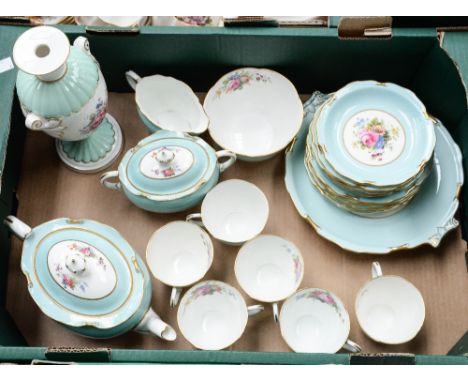 A Royal Crown Derby part tea service including, tea pot, milk, sugar, six cups, saucers, tea plates and slop bowl, pattern A2