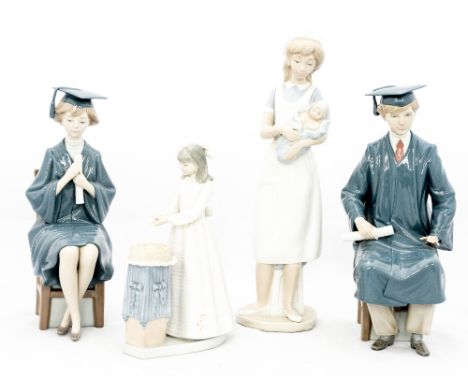 Two Lladro figures of boy and girl graduates, together with two Nao figures of a nurse and baby and a girl with her birthday 