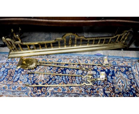 A brass fireguard, Art Nouveau style together with Edwardian heavy fireside accessories 