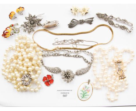 A quantity of costume jewellery, including simulated pearls, marcasite and enamel work