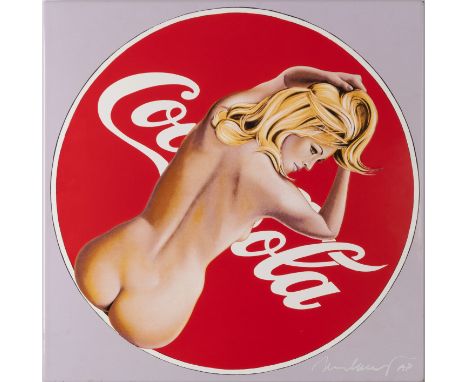 Coca-Cola Lady, emaillierter Metalldruck, 39,5 cm x 39,5 cm Objektmaß, signiert, AP bezeichnet, partiell berieben, leicht ver