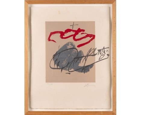 Ohne Titel, Farblithografie und Textildruck auf Bütten, 40,5 cm x 31,5 cm Blattmaß, 50/50 nummeriert, signiert, Blatt leicht 