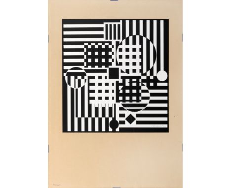 Kinetische s/w-Komposition, Siebdruck auf zweifarbigem Halbkarton, 70 cm x 50 cm Blattmaß, 43/200 nummeriert, signiert, parti