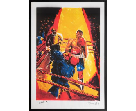 Boxkampf, Farboffsetlithografie auf Papier, 98 cm x 68 cm Rahmeninnenmaß, Probedruck bezeichnet, im Druck signiert und 90 dat