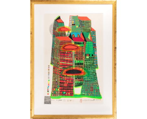 'Good Morning City - Bleeding Town', Farbserigrafie mit Metallprägungen auf Fabriano-Bütten (Trockenstempel), 83 cm x 54 cm P