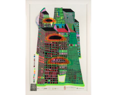 'Good Morning City - Bleeding Town', Farbserigrafie mit Metallprägungen auf Fabriano-Bütten (Wasserzeichen), 84,5 cm x 55,5 c