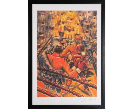 Boxkampf, Farblithografie auf Papier, 99 cm 68, Rahmeninnenmaß H.C. nummeriert signiert, 96 datiertJörg Immendorff (1945 Blec