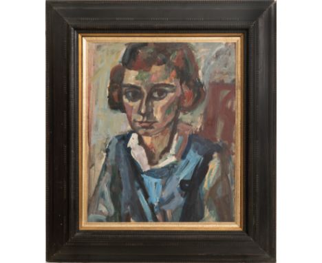 Portrait einer jungen Frau, Öl auf Platte, 63 cm x 52,5 cm Sichtmaß, signiert, partiell minimal verschmutzt, leicht wellig un