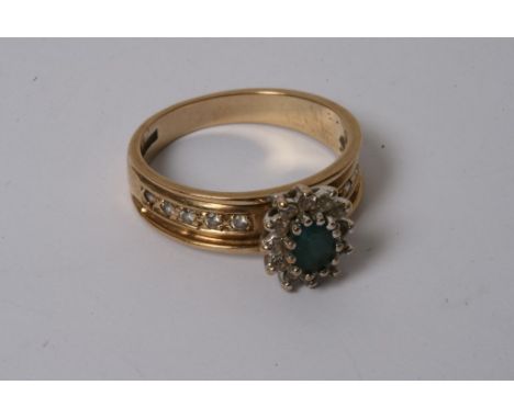 A yellow gold ring inset with green stone in diamond surround with diamonds to shank