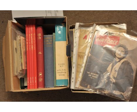 A box containing a collection of Aircraft books including some signed and First Edition items and postcards together with a b