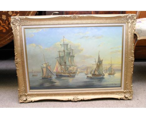 A gilt framed oil painting on canvas depicting a marine view  of the port of Leigh c 1824 with square rigged sailing ships an