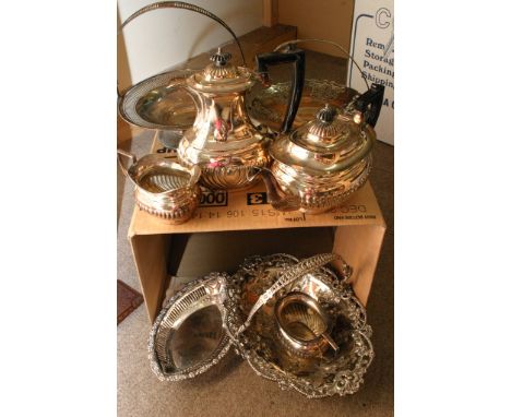 A box of silver plated ware, various including a four piece tea set