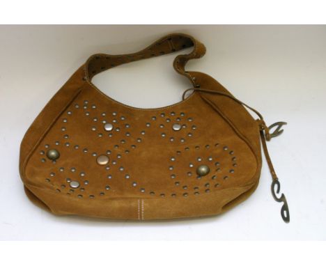 Dolce and Gabbana suede tan studded ladies handbag with leopard print lining. 
