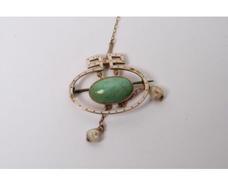 A vintage gold and enamel brooch inset with a green cabochon with pearls (slight damage to enamel) 