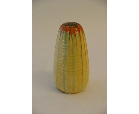 A Clarice Cliff sugar shaker with drip glaze decoartion