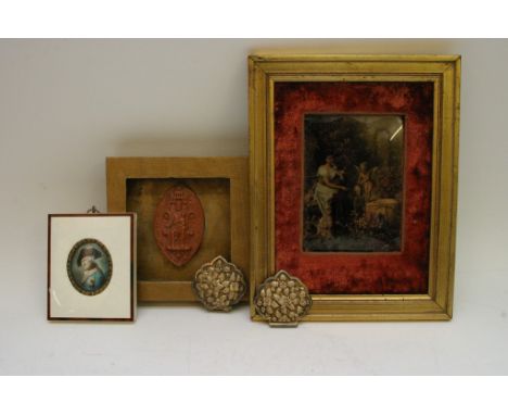 A framed Victorian seal and crystalline picture, a portrait miniature of Friedrich II and a pair of Indian type belt buckles