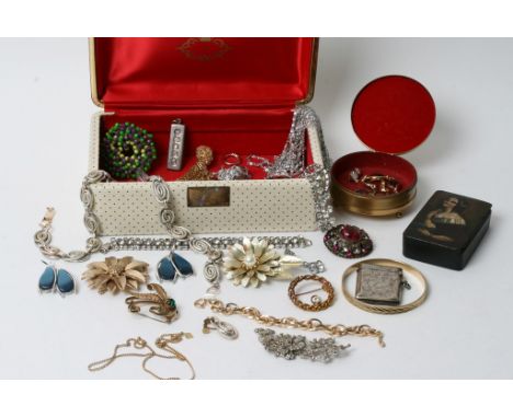 A silver Vesta case, silver inset pendent and a painted Victorian snuff box and a quantity of dress jewellery 