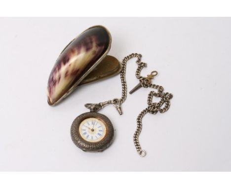 A silver cased key wind watch with attached silver chain and a shell snuff box (2)