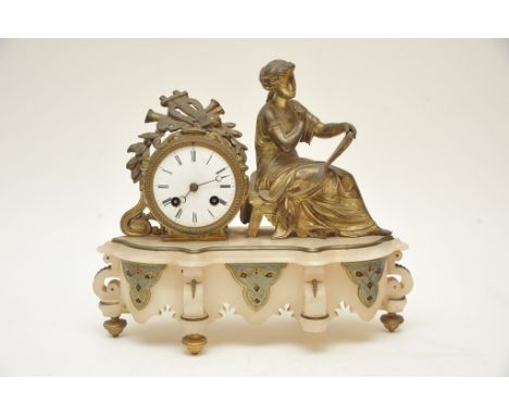 A French 19th Century gilt mantel clock of classical design, the circular dial with Roman numerals on an alabaster base.