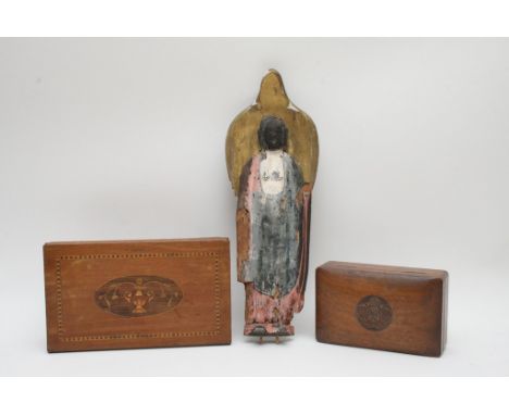 A 18th Century carved wooden Buddha A/F and two trinket boxes with hinged lids