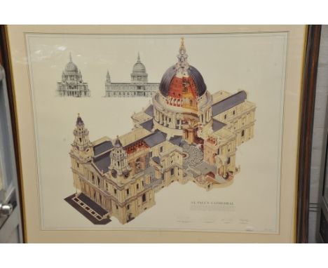 A large framed limited addition print of St. Paul's Cathedral signed by the surveyor, the Dean and Gothic artists