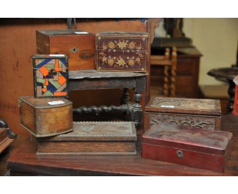 A quantity of small boxes, a small carved stool and sets of various playing cards in boxes 