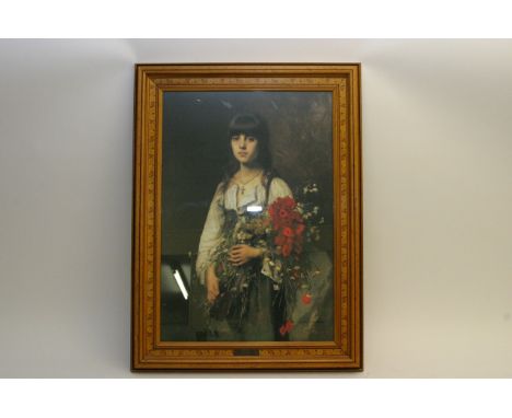 A beautifully framed large print "Flower Girl" by A. A Harlamhoff in a wooden flower embellished frame in colours of red and 