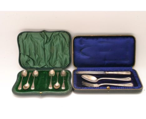 A cased set of six silver spoons, a sterling knife, fork and spoon set