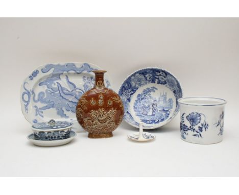 A collection of ceramics including brown glazed moon flask, small white Chinese soap dish and English blue and white (5)