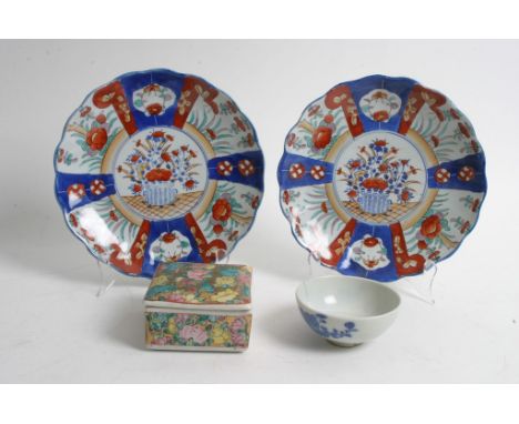 Two Imari plates a Chinese bowl and trinket box 