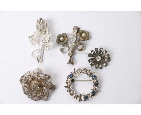 Five silver vintage brooches