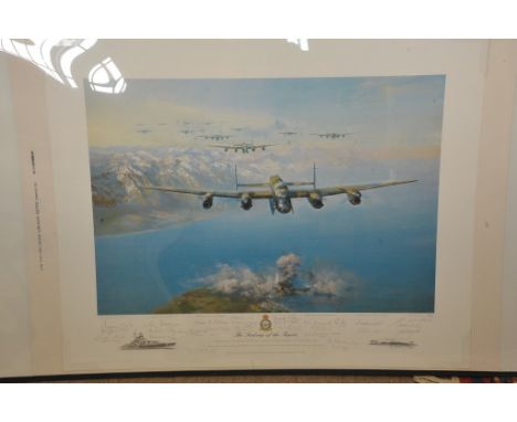 A limited edition print by Frank Wootton 492/850 "The Sinking of the Tirpitz with numerous original RAF signatures 