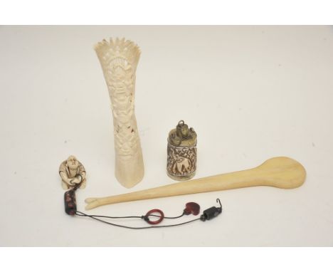 A 19th Century Fishermans Net, repairing tool (possibly whalebone) carved bone figure and 2 other items. 