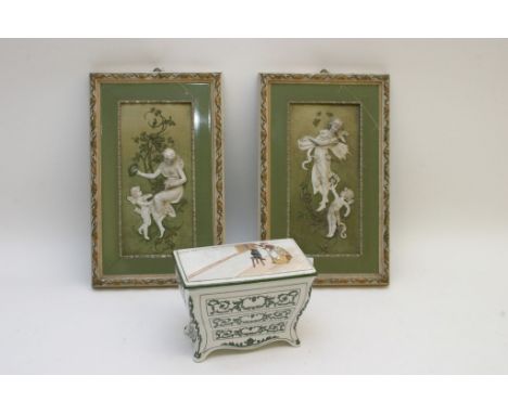 A Royal Doulton ceramic Huntley & Palmers ceramic biscuit box and two plaques with raised decoration 