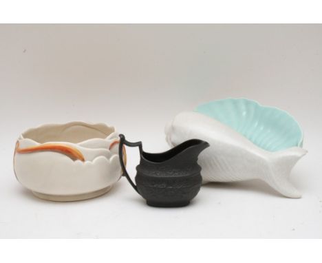 A Clarice Cliff bowl, Poole bowl and an early 19th Century black basalt jug 