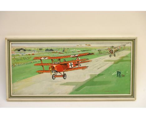 A framed oil painting of aviation military interest, depicting an air show scene of First World War fighter planes coming in 