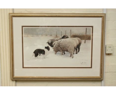 A large limited edition John Weiis print  depicting sheep grazing in the snow